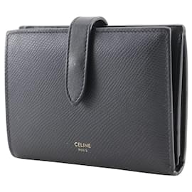 Céline-Celine Medium Strap Wallet Bi-fold in Black Calfskin-Black