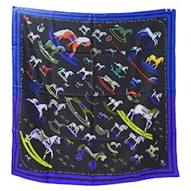 Hermès-Hermes Silk Scarf in Black and Blue-Black,Blue