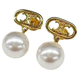 Céline-Celine Gold Drop Earrings with Faux Pearls-Golden
