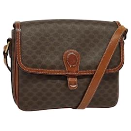 Céline-CELINE Macadam Canvas Shoulder Bag PVC Leather Brown Gold Auth 116597-Brown,Golden