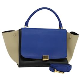 Céline-CELINE Trapeze Hand Bag Leather Blue Gold Auth BA990-Blue,Golden