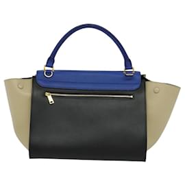 Céline-CELINE Trapeze Hand Bag Leather Blue Gold Auth BA990-Blue,Golden