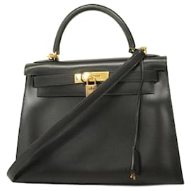 Hermès-Sac à main Hermes Kelly 28 en cuir de veau noir-Noir