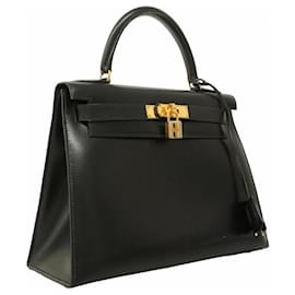 Hermès-Sac à main Hermes Kelly 28 en cuir de veau noir-Noir
