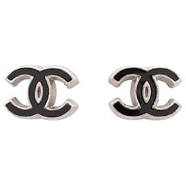Chanel-Chanel Black and Silver Stud Earrings-Black,Silvery