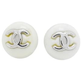 Chanel-Chanel Silver and White Stud Earrings-Silvery,White