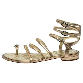 Chanel-Chanel 15P Gold Metallic Jeweled Gladiator Sandal Flats EU 38.5-Golden,Metallic