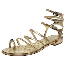 Chanel-Chanel 15P Gold Metallic Jeweled Gladiator Sandal Flats EU 38.5-Golden,Metallic