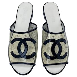 Chanel-Rare Chanel PVC Black Patent Leather CC Logos Flat Slide Sandals EU 39.5C-Black