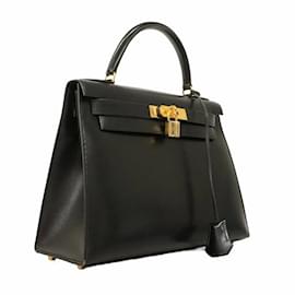 Hermès-Sac à main Hermes Kelly 28 en cuir de veau noir-Noir