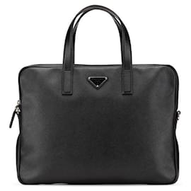 Prada-PRADA Saffiano Leather Briefcase Key Detail 2way Business Bag Black 2VE368-Black