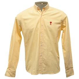 Ami-AMI Button-Down Collar Logo-Embroidered Gingham Shirt in Yellow Organic Cotton -Yellow