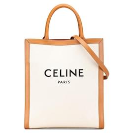 Céline-CELINE Vertical Cabas Small Canvas Leather 2way Tote Shoulder Bag White Brown-White