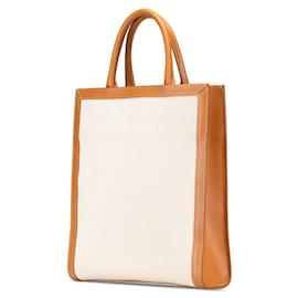 Céline-CELINE Vertical Cabas Small Canvas Leather 2way Tote Shoulder Bag White Brown-White