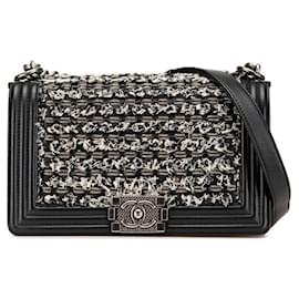 Chanel-CHANEL Boy Chanel 25 Leather & Tweed 2way Shoulder Bag Black 23 Series-Black