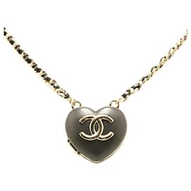 Chanel-CHANEL Lambskin Coco Mark Heart Mirror Pendant Necklace Black Gold B22K-Black