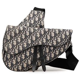 Christian Dior-Dior Oblique Canvas Leather Saddlebag 2way Shoulder Bag Blue Beige-Blue