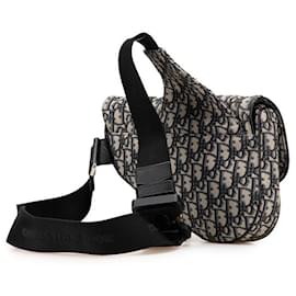 Christian Dior-Dior Oblique Canvas Leather Saddlebag 2way Shoulder Bag Blue Beige-Blue