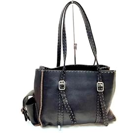 Fendi-Sac à main mini en cuir cousu Selleria de Fendi-Noir