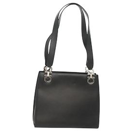 Borsa a spalla Gancini in pelle nera e argento autentica Salvatore Ferragamo MX070 Nero Argento