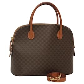 Céline-CELINE Macadam Canvas Hand Bag PVC Leather 2way Brown Gold Auth BD1493-Brown,Golden