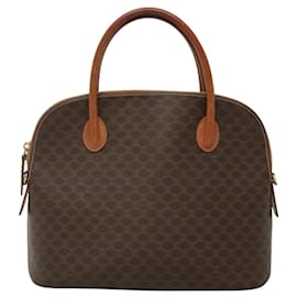 Céline-CELINE Macadam Canvas Hand Bag PVC Leather 2way Brown Gold Auth BD1493-Brown,Golden
