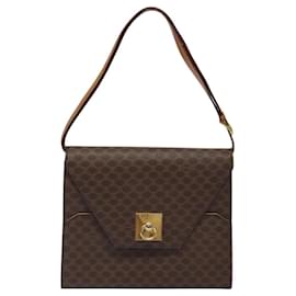 Céline-CELINE Macadam Canvas Shoulder Bag PVC Leather Brown Gold Auth MX221-Brown,Golden