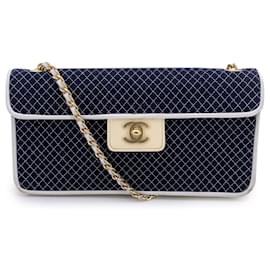 Chanel-Vintage Blue Whited Quilted Jersey Small East West Flap Bag-Blue