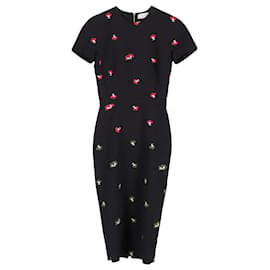 Victoria Beckham- Victoria Beckham Floral Midi Shift Dress in Black Cotton-Black