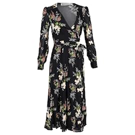 Reformation- Reformation Floral Midi Wrap Dress in Black Viscose-Black