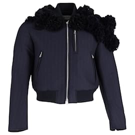 Dries Van Noten-Rare Pinstriped Navy Bomber Jacket with 3D Flower Embellishments.-Blue,Navy blue