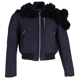 Dries Van Noten Giacca bomber blu navy a righe rara con decorazioni floreali in 3D. Blu Blu navy