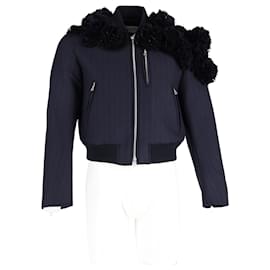 Dries Van Noten-Rare Pinstriped Navy Bomber Jacket with 3D Flower Embellishments.-Blue,Navy blue