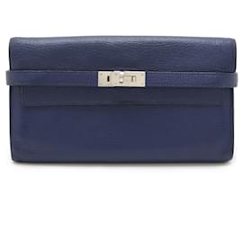 Hermès-Portefeuille bi-fold long Hermes Kelly en cuir chèvre bleu-Bleu