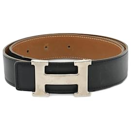 Hermès-Cinto H reversível em couro box da Hermès-Marrom,Preto