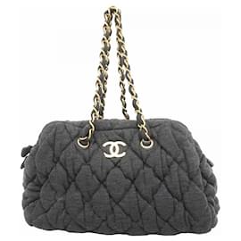 Chanel-Chanel Gray Cotton Shoulder Bag-Brown