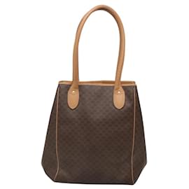 Céline-CELINE Macadam Canvas Tote Bag PVC Leather Brown Gold Auth ep8415-Brown,Golden