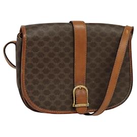 Céline-CELINE Macadam Canvas Shoulder Bag PVC Leather Brown Gold Auth BD1793-Brown,Golden