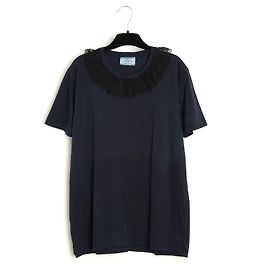 Prada 2017 Top encaje FR40 Marino Jersey Cuello de encaje T shirt Top UK12 US10 Azul marino