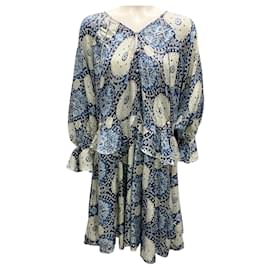 Autre Marque-Hannah Blue Multi Thebe Print Silk Quinn Dress-Blue