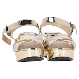 Prada- Prada Logo Platform Sandal Heels in Gold Leather-Golden,Metallic