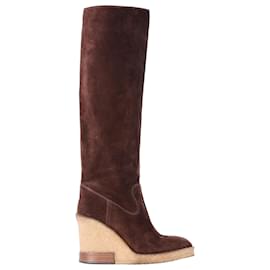 Tod's-Tod's Knee-High Wedge Boots in Brown Suede-Brown,Red