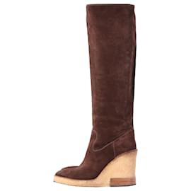 Tod's-Tod's Knee-High Wedge Boots in Brown Suede-Brown,Red