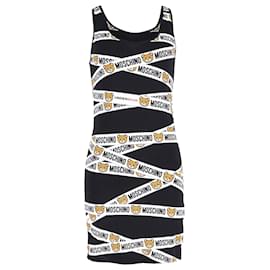 Moschino- Moschino Bear Logo Tape Fitted Mini Dress in Black Cotton-Black