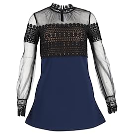 Self portrait-Self-Portrait Lace Long Sleeve Mini Dress in Navy Blue Polyamide-Blue,Navy blue