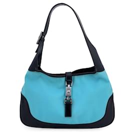 Gucci-Turquoise Canvas Black Leather Jackie Hobo Bag Handbag-Turquoise