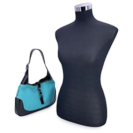 Gucci-Turquoise Canvas Black Leather Jackie Hobo Bag Handbag-Turquoise