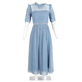 Self portrait- Self-Portrait Belted Polka Dot Midi Tulle Dress in Blue Polyester-Blue,Light blue
