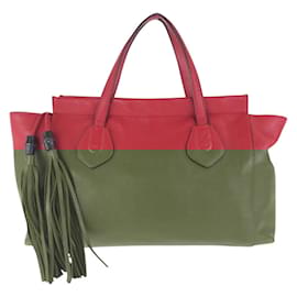 Gucci-Gucci Bamboo Red Gold Hardware Leather Tote Bag-Red