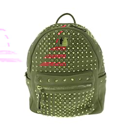 MCM-MCM Studded Red Leather Rucksack Backpack-Red